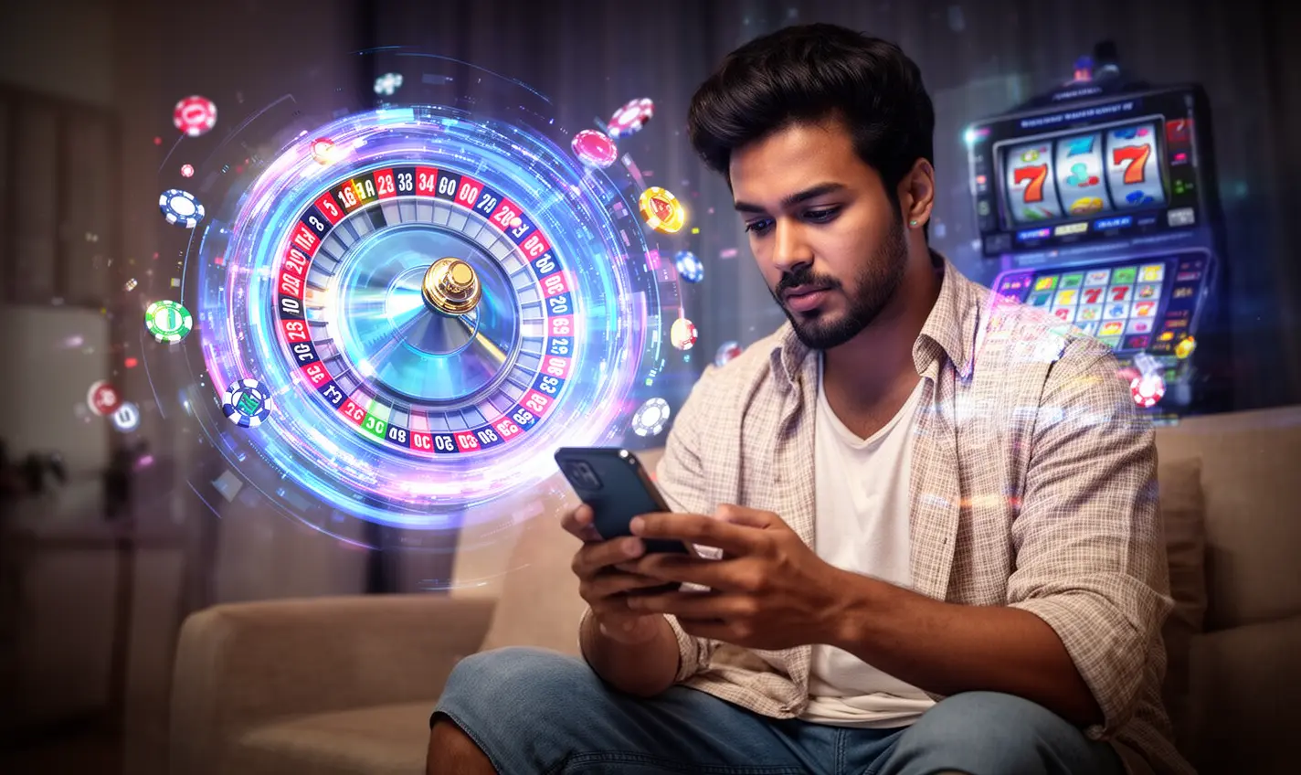Confident Bangladeshi player checking the 83BD casino app on his phone with a glowing roulette wheel and slot symbols behind him