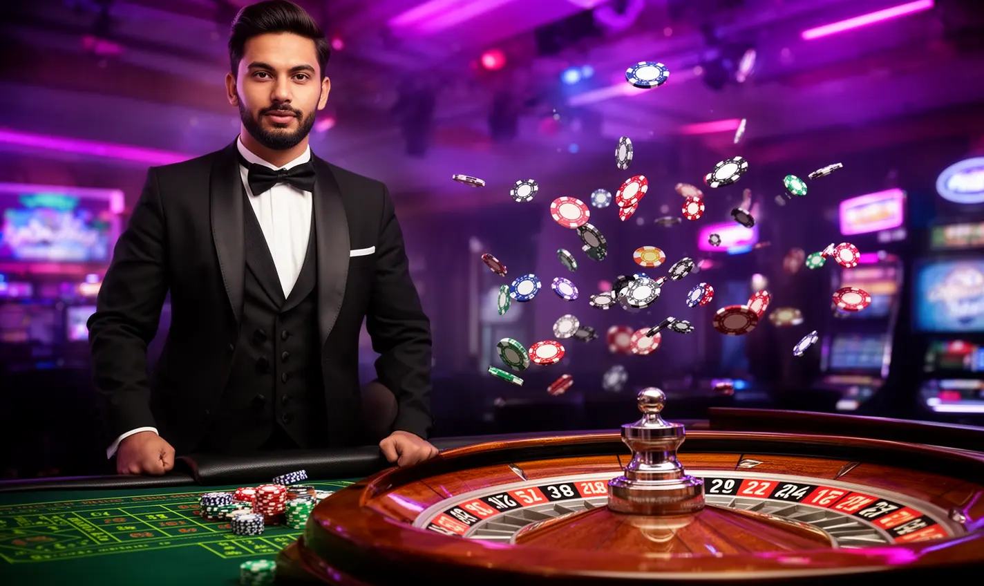 Elegant casino atmosphere with a professional dealer in a tuxedo at a roulette table surrounded by glowing chips showcasing the premium gaming experience at 83BD in Bangladesh
