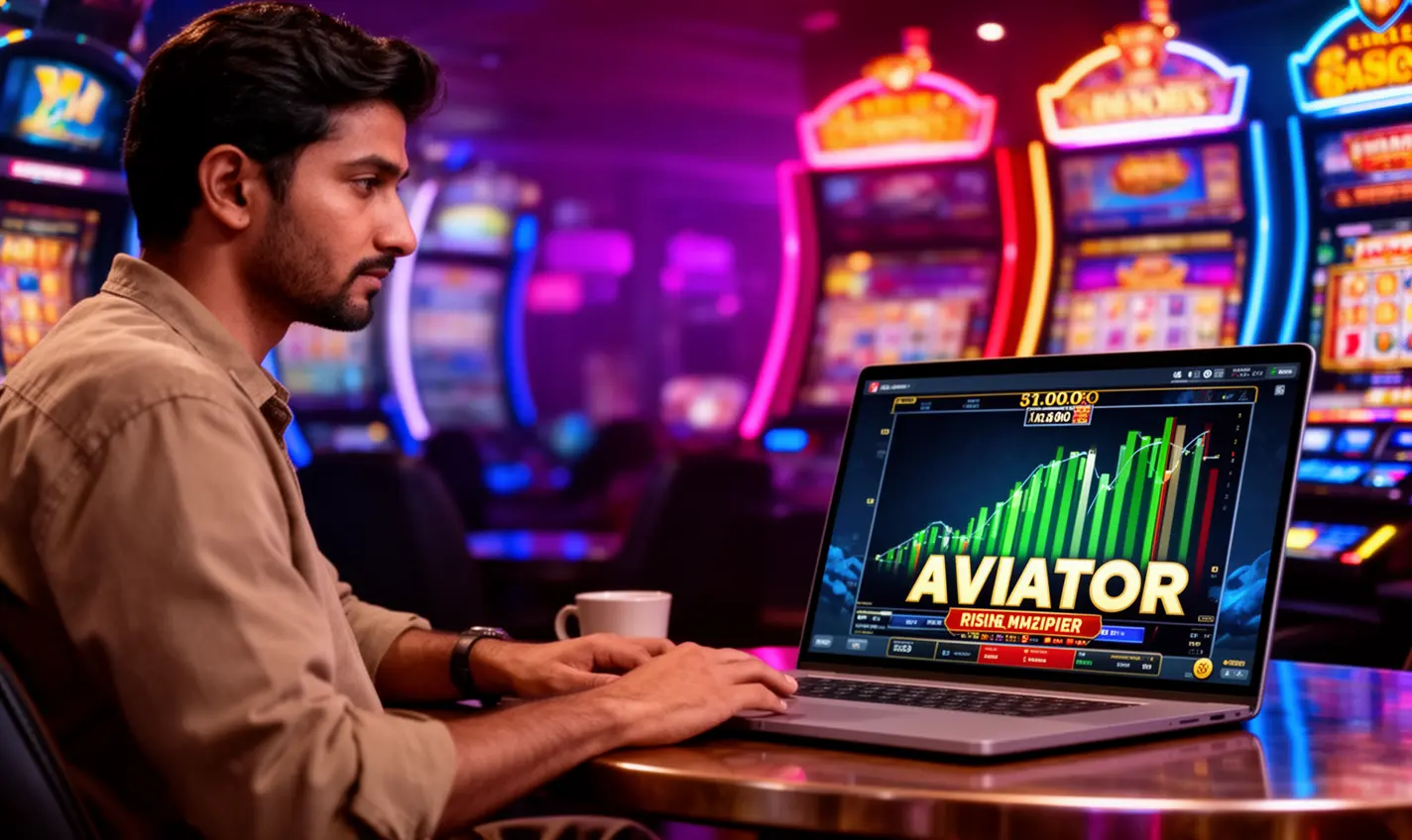 Confident Bangladeshi player analyzing live Aviator odds on a laptop in a modern casino setting while playing on the 83BD platform