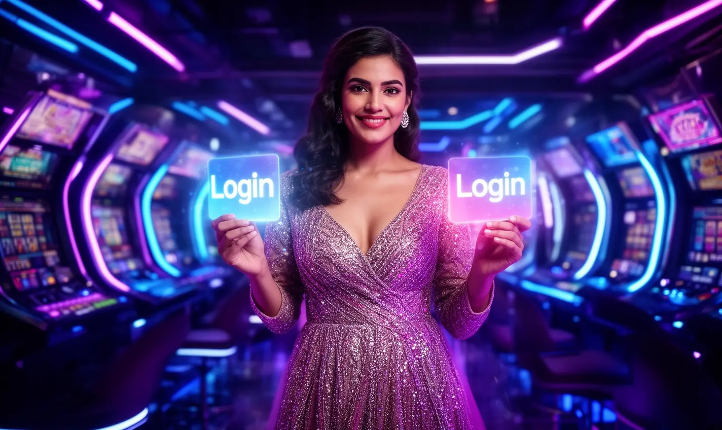 Confident Bangladeshi woman holding a glowing login card in a futuristic neon casino setting representing secure access at 83BD