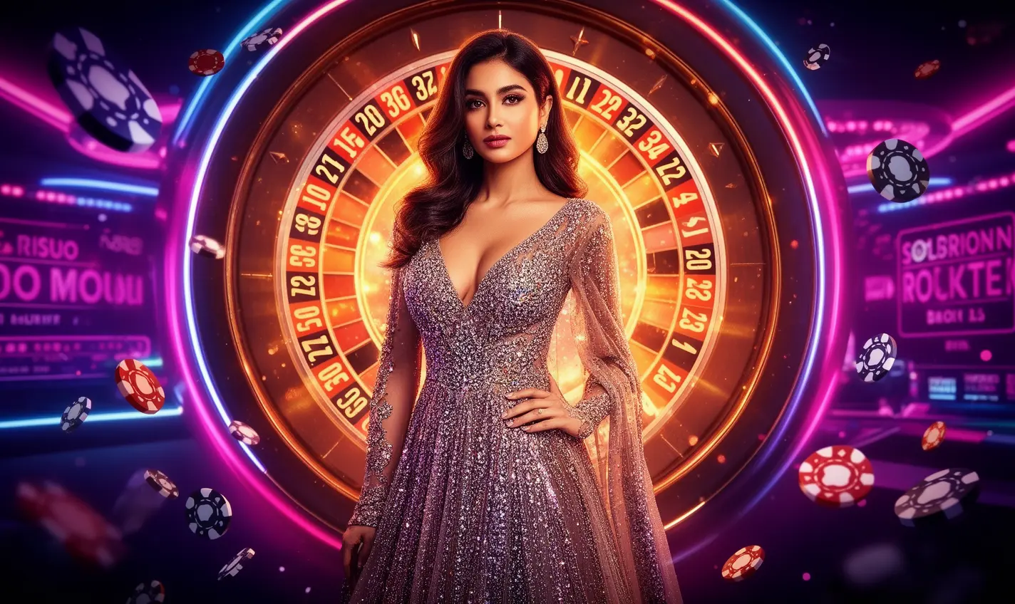 A glamorous woman in a sparkling evening dress standing before a glowing roulette wheel with flying chips symbolizing luxury casino gaming at 83BD for players in Bangladesh
