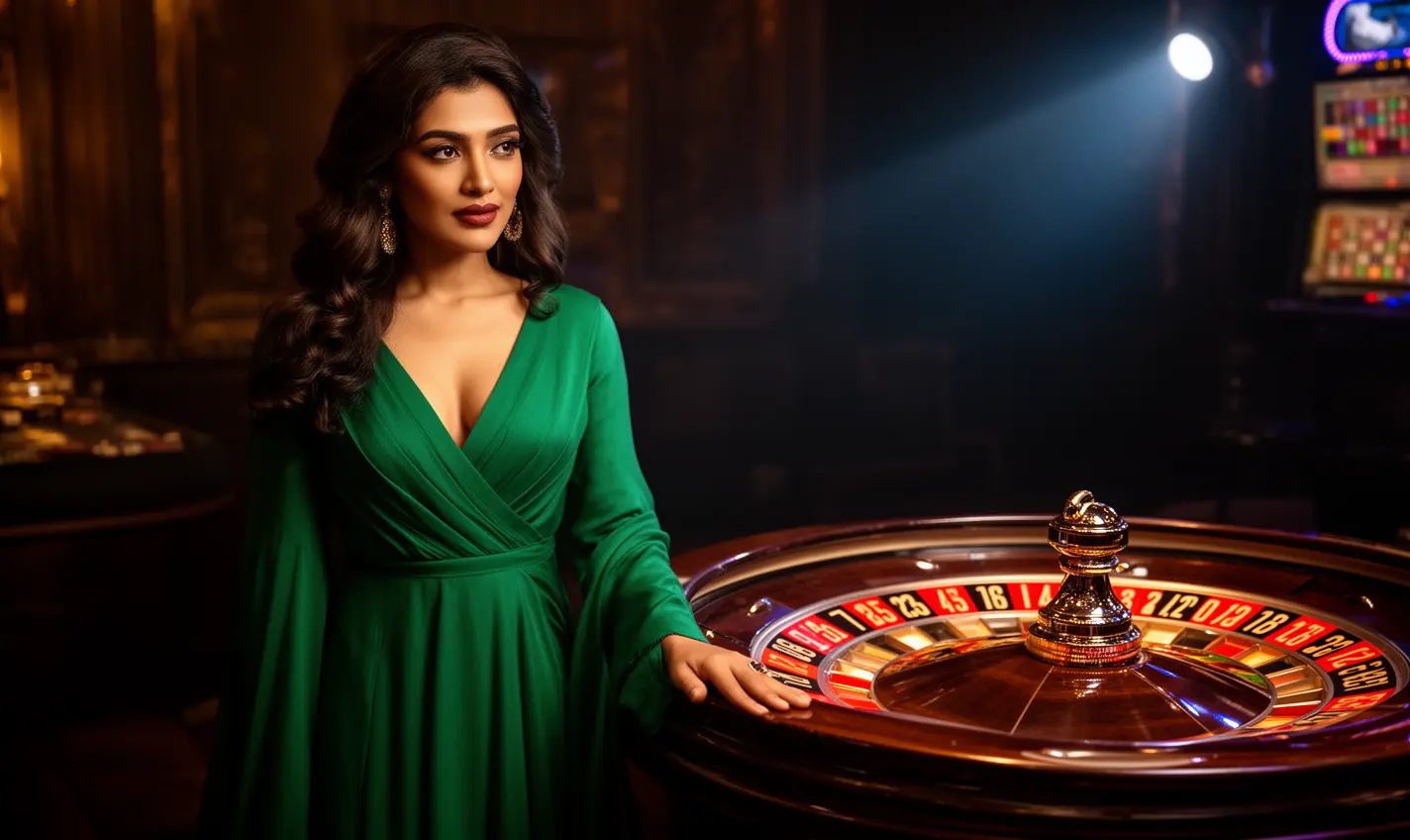 A glamorous casino model in a luxurious green dress posing on a glowing roulette platform symbolizing high-end gaming and elegance at 83BD casino Bangladesh