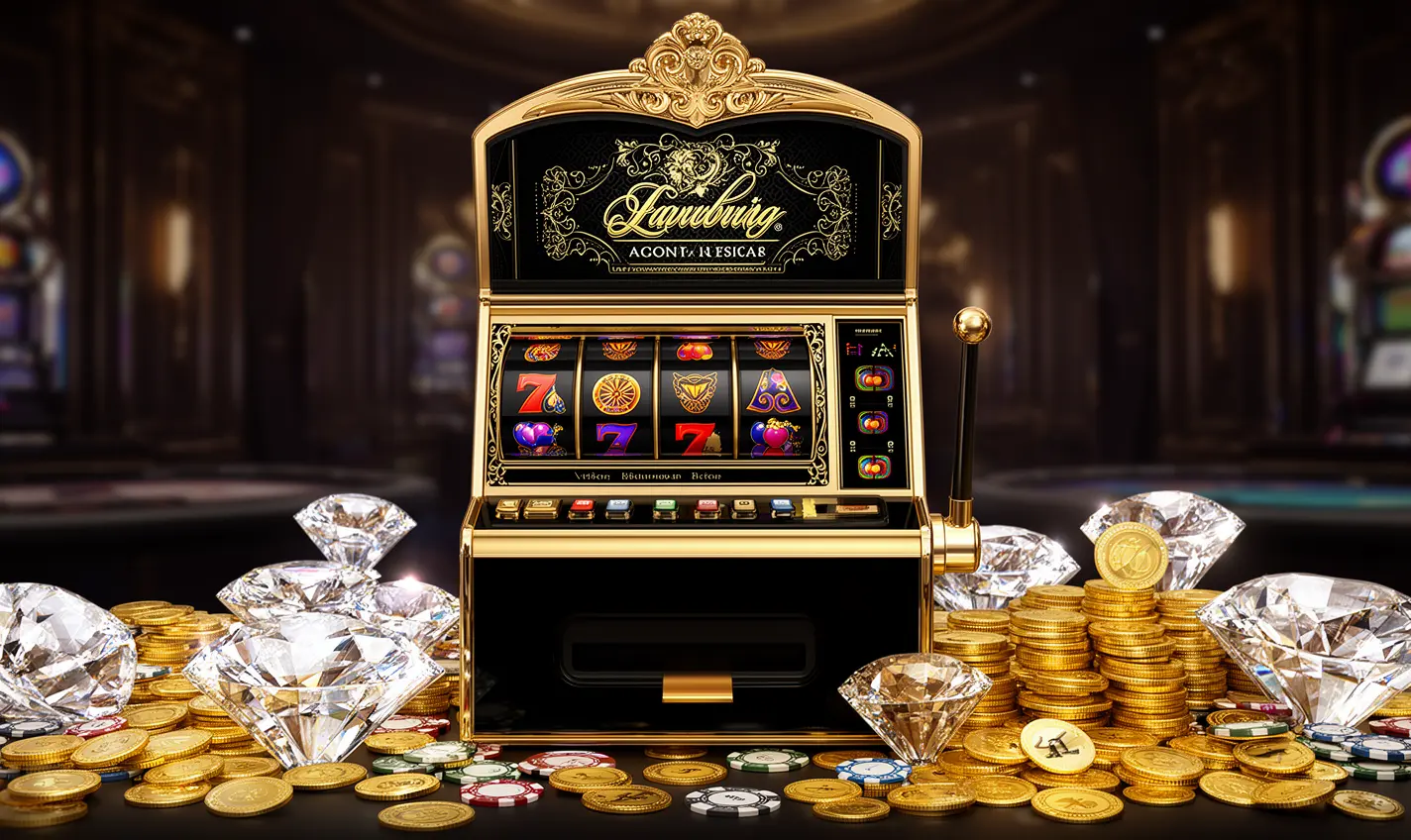 Vintage style slot machine with golden details and casino chips symbolizing high quality slot gaming available at 83BD casino in Bangladesh